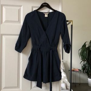 Blue 3/4 Sleeve Romper with Tie Waist